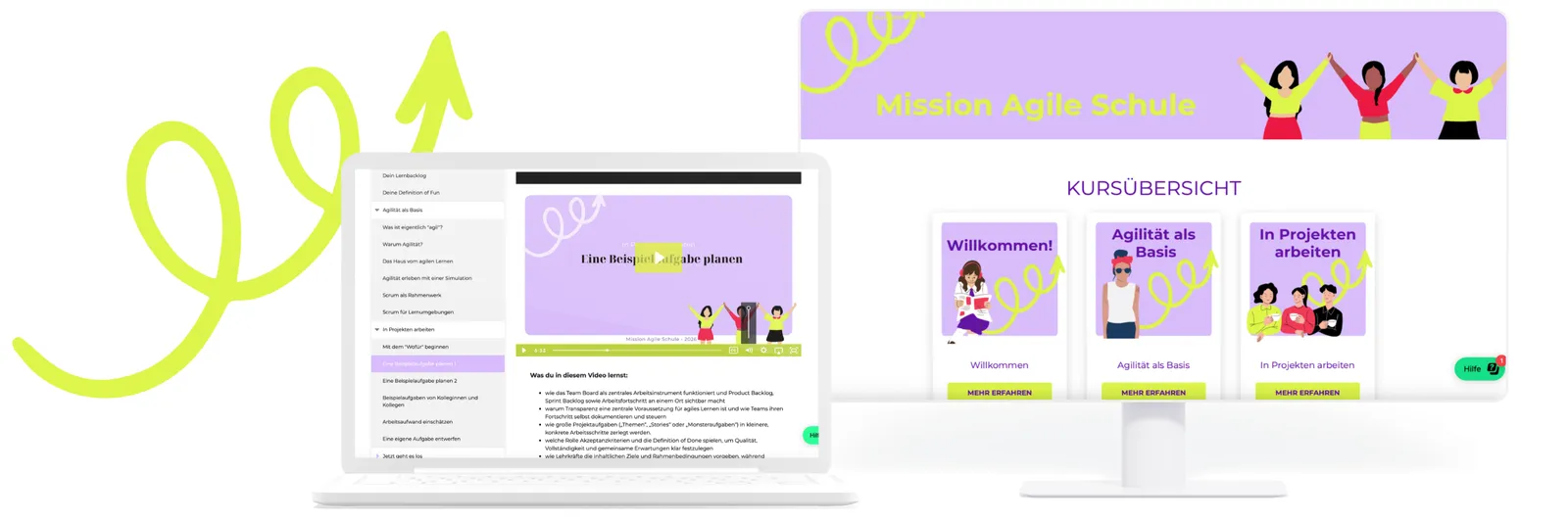 Vorschau der Mission-Agile-Schule-Kursplattform mit Kursübersicht auf Laptop und Monitor